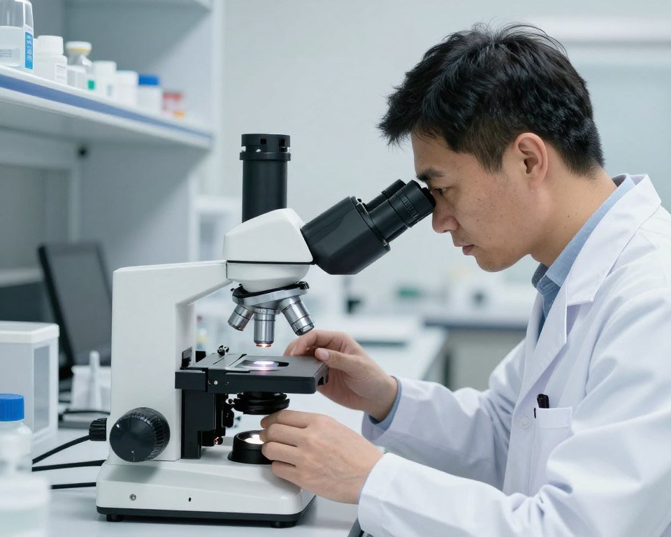 Medical laboratory technician examining stool sample for parasite detection
