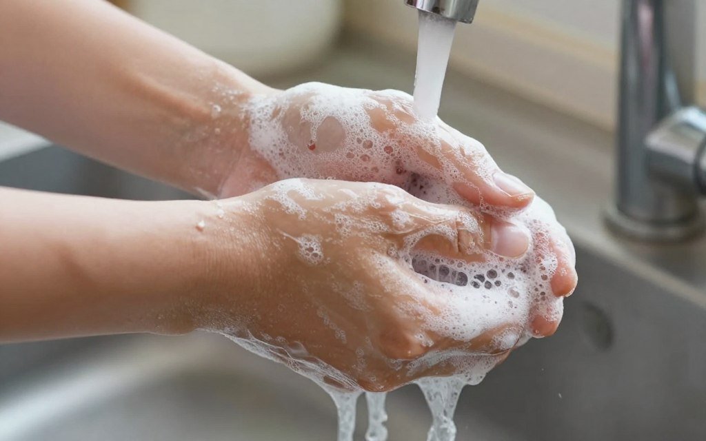 Person washing hands thoroughly with soap to prevent parasite transmission