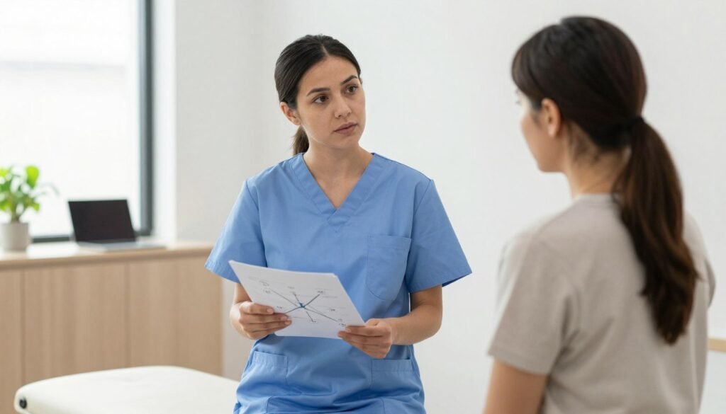 Professional therapist explaining colonic irrigation procedure to client