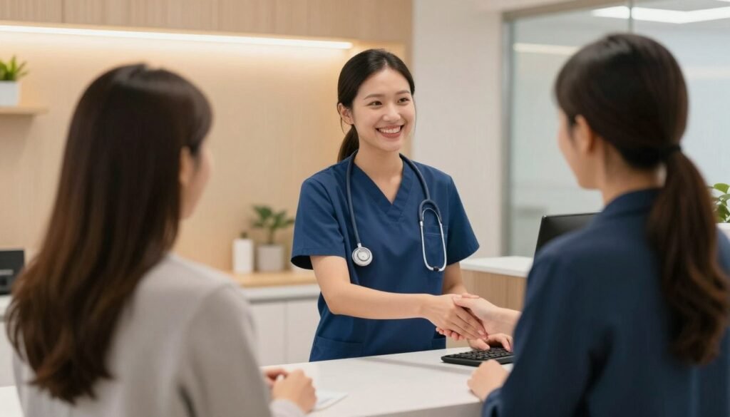 Professional wellness practitioner welcoming client to modern clinic