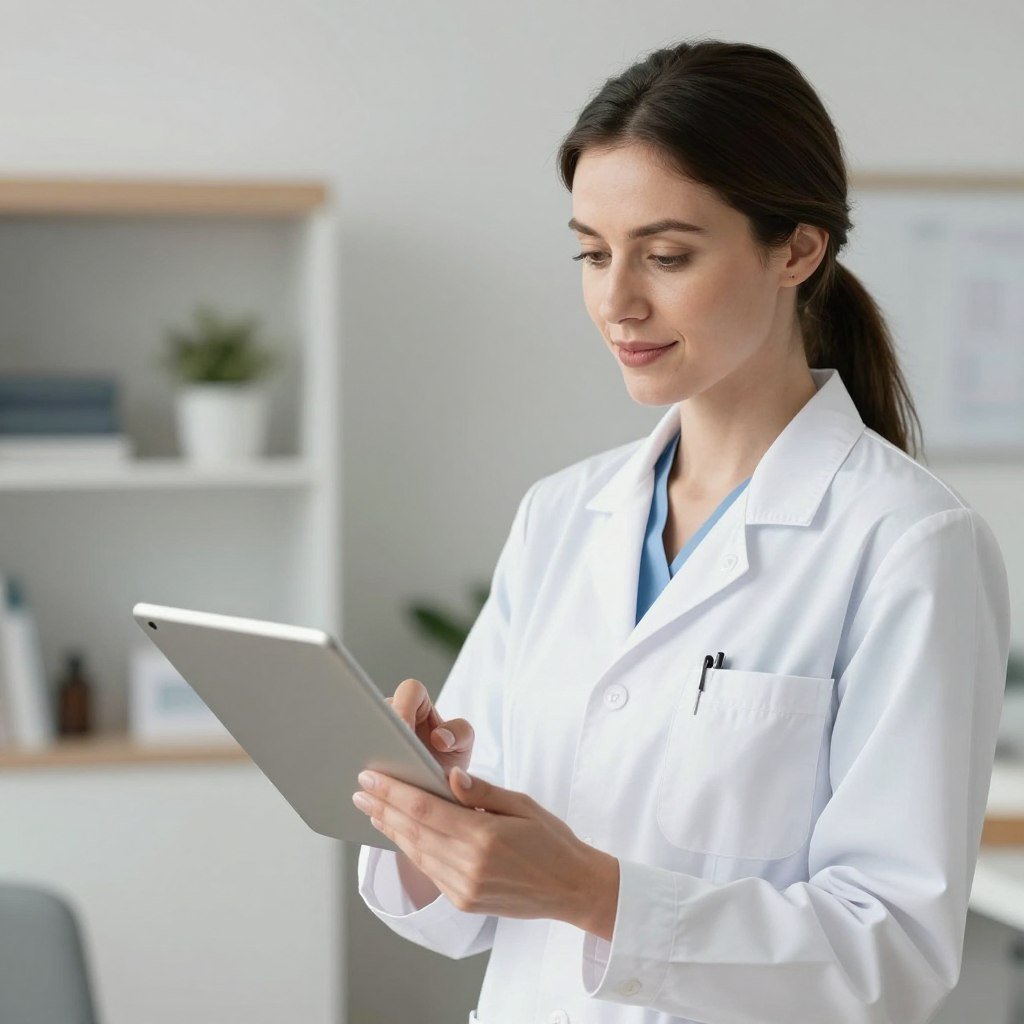 Wellness practitioner reviewing colonic machine specifications on tablet