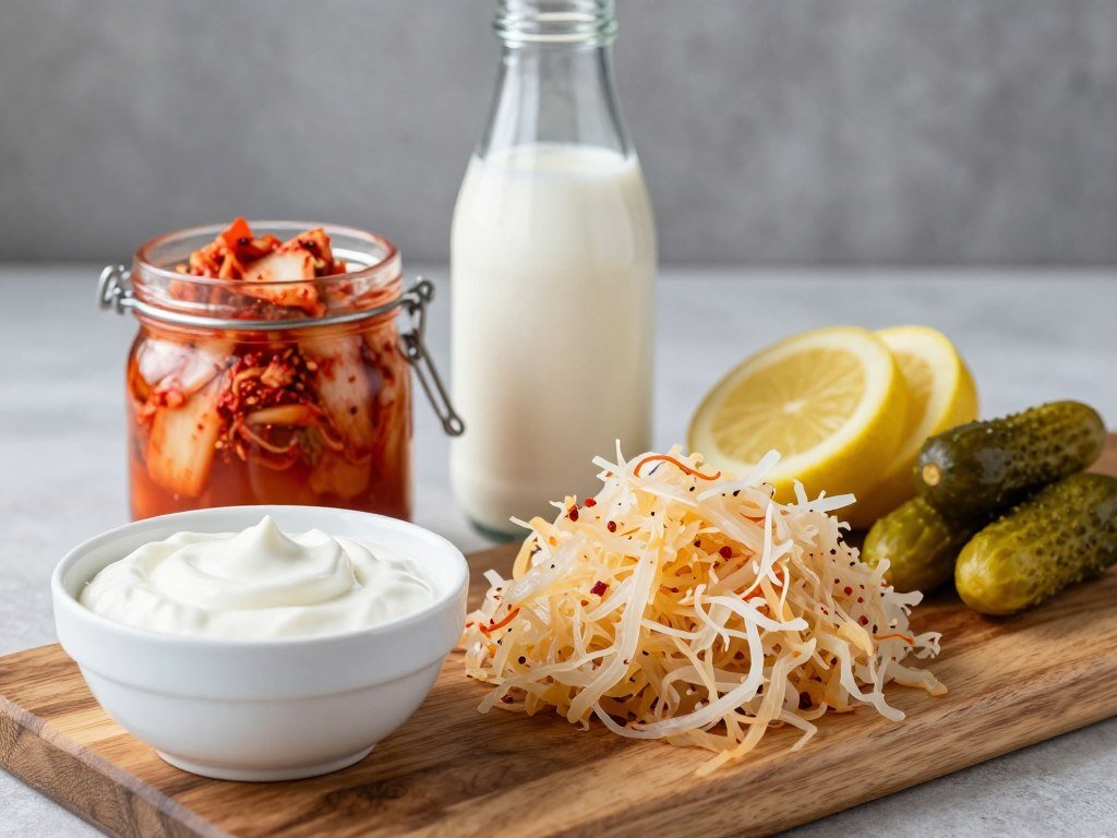 assortment of fermented foods including yogurt kimchi sauerkraut and kefir