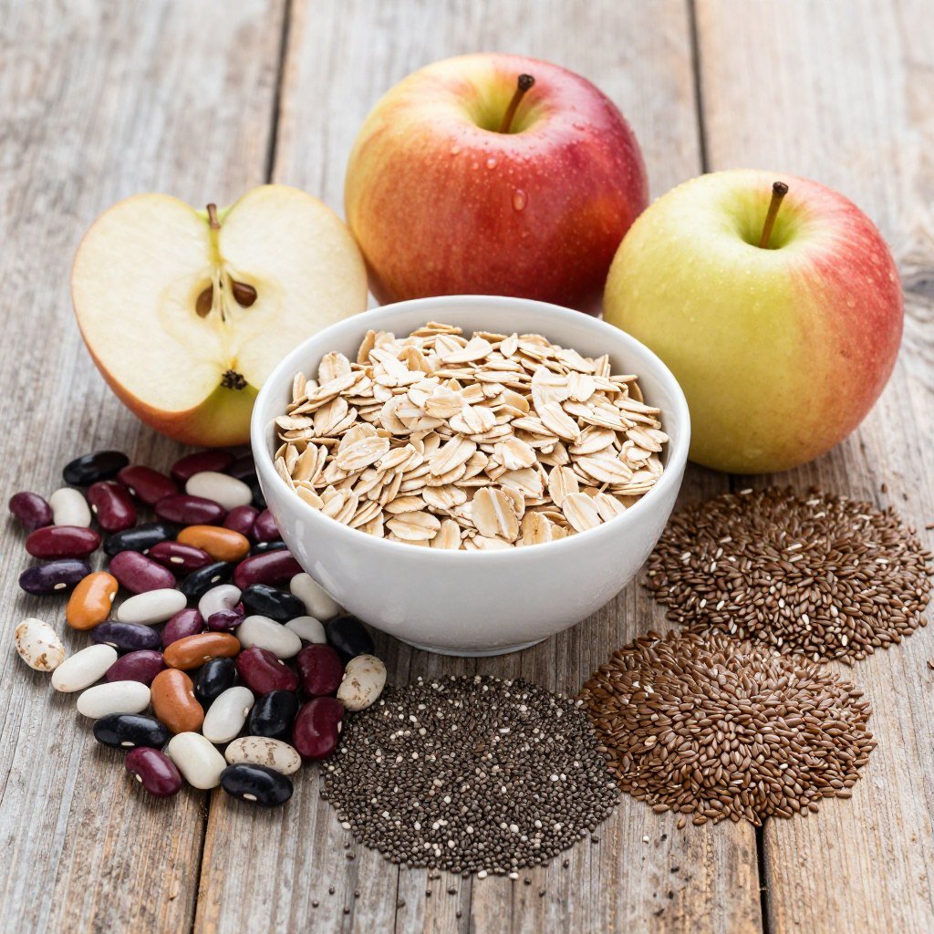 collection of soluble fiber foods including oats apples beans and flaxseeds