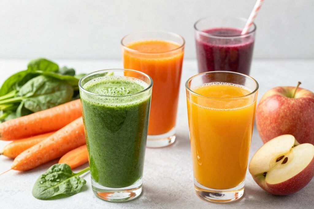 colorful array of fresh juices and green smoothies