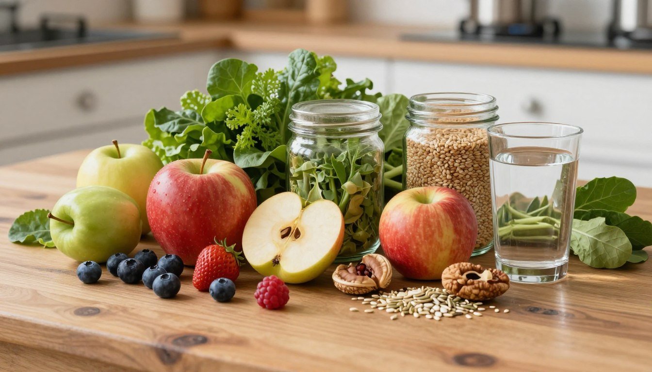 natural colon cleanse foods including fresh fruits vegetables and whole grains arranged on wooden table