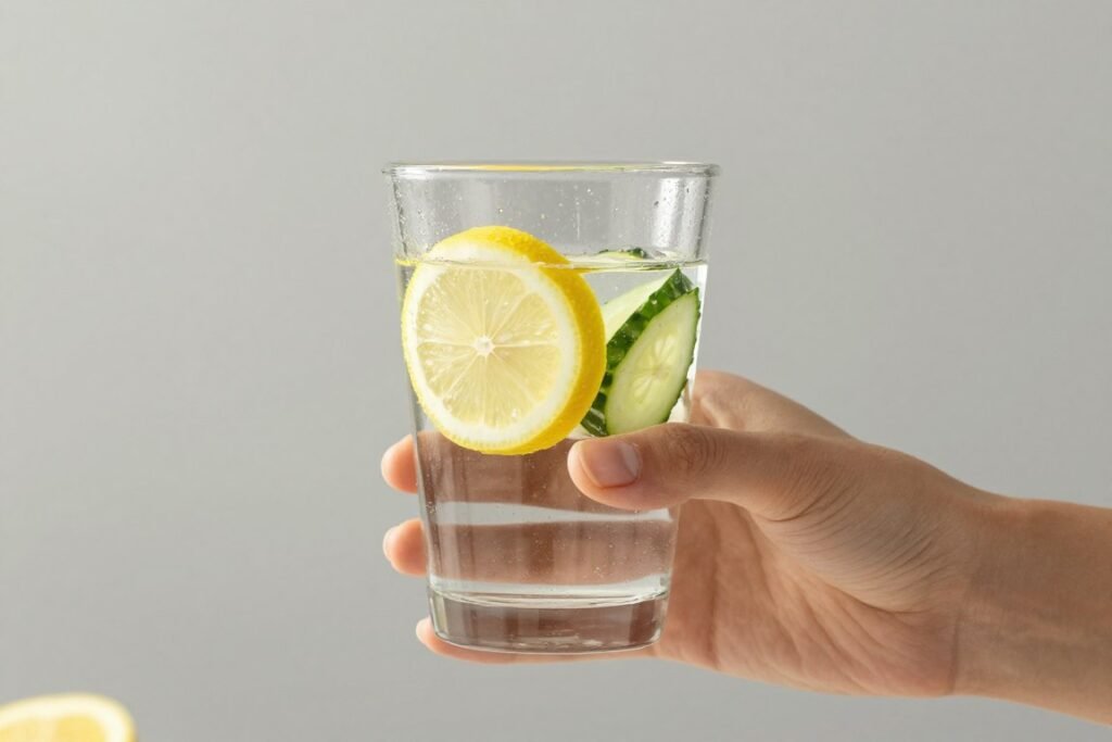 person drinking water with fresh lemon slices and cucumber