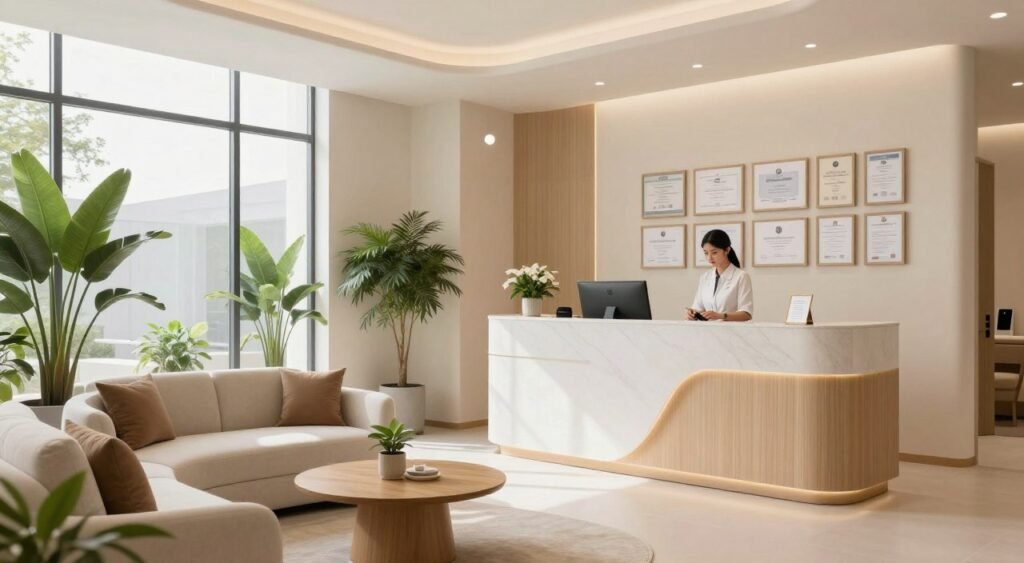 professional wellness clinic reception area with branding and client welcome space