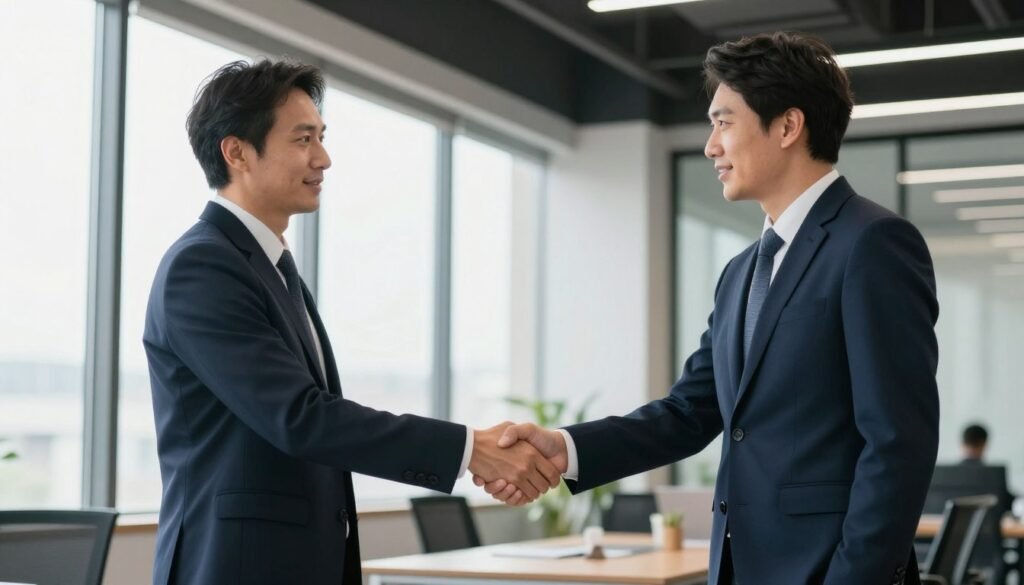 successful business partnership handshake in modern office
