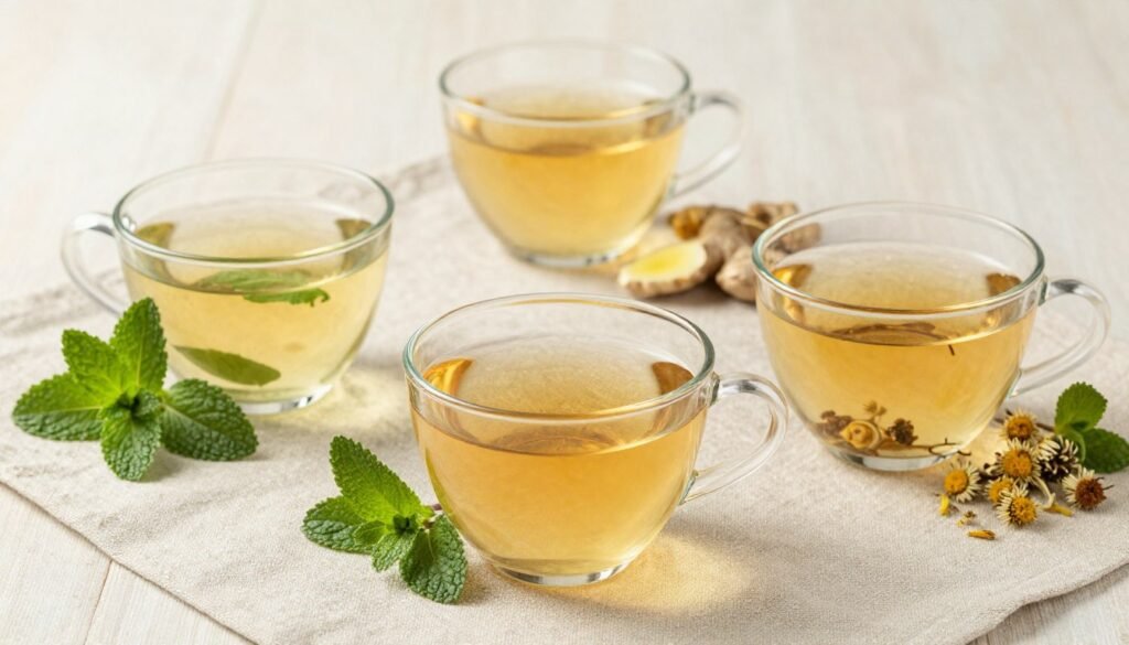 variety of herbal teas in glass cups with fresh herbs